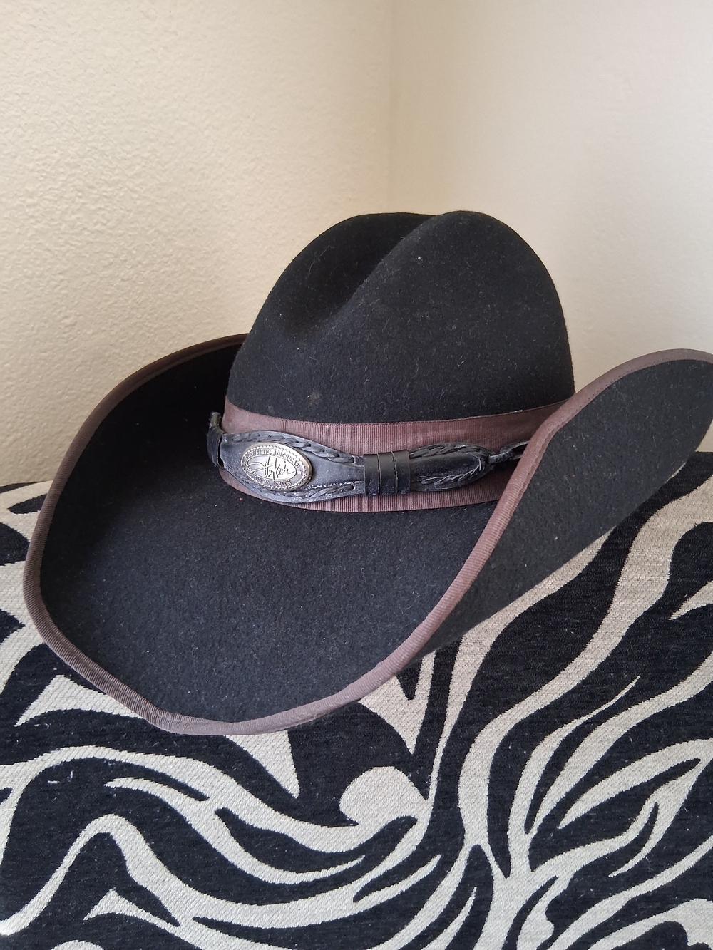 Unisex Black Felt Western Cowboy Hat with Brown Trim